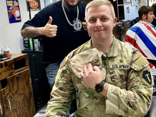 JD Barber Shop Magnolia TX Photo Gallery Military veteran receiving a stylish haircut at JD Barber Shop in a friendly, professional atmosphere.